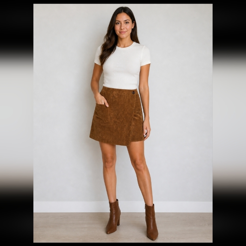 KLD M Made in the USA Brown Corduroy Asymmetrical Button Wrap Skirt Pocket